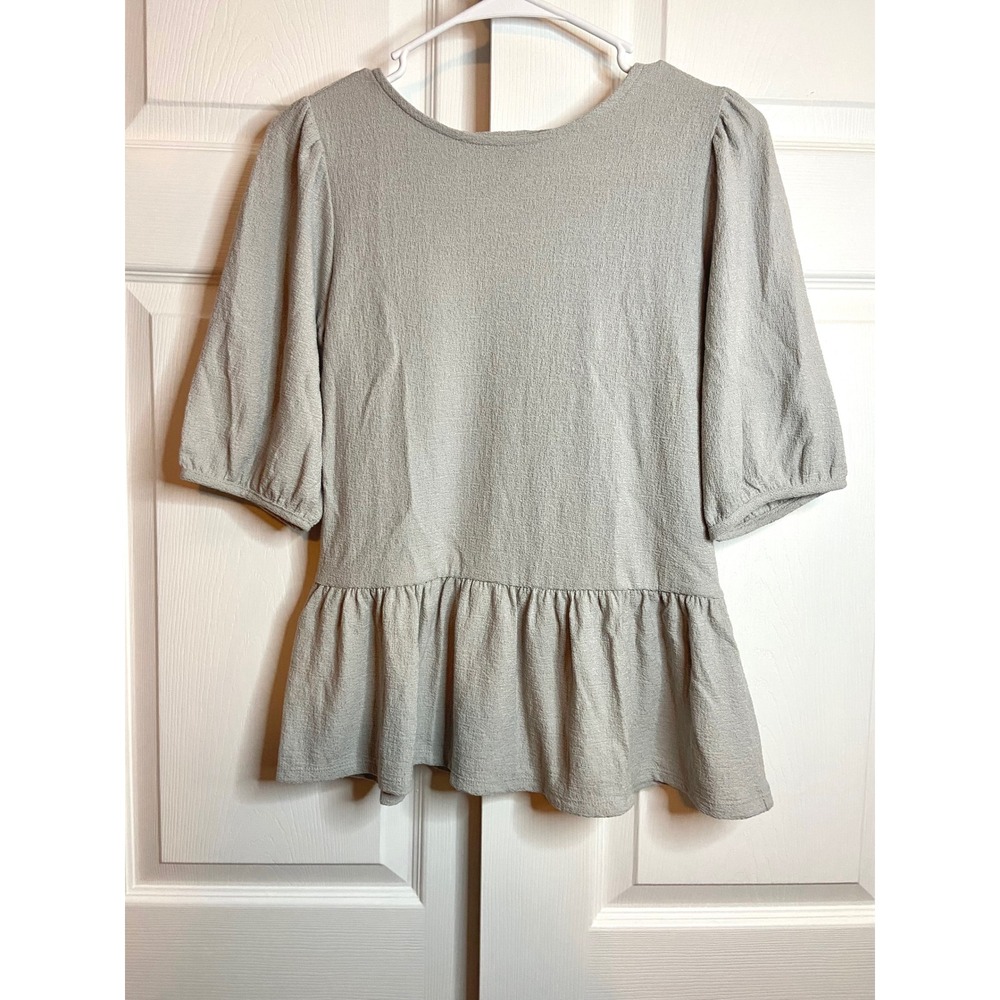 Banana Republic Gray Puff Sleeve Peplum Top Textured Knit Blouse XS